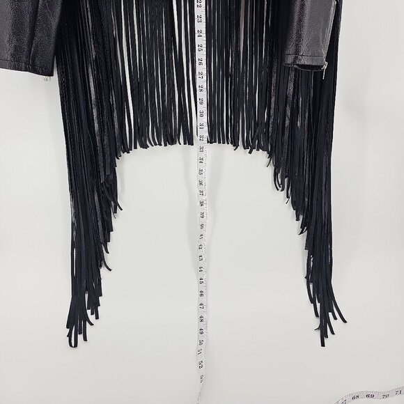 Fashion Nova Black Faux Leather Long Fringe Jacket Moto Biker Boho Western - Picture 7 of 9